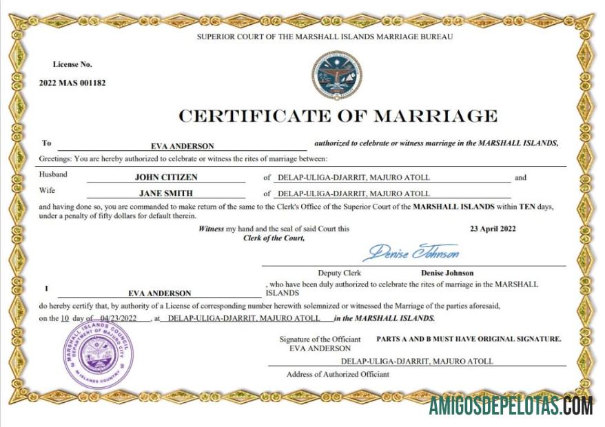 Imprimível modelo Word e PDF de certidão de casamento nas Ilhas Marshall